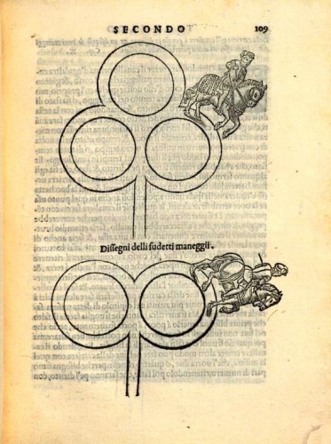 Fiaschi raccomandava l'uso del galoppo rovescio sulle volte per allenare sia i cavalli giovani che quelli più vecchi. Fiaschi, 1556, II, 9.